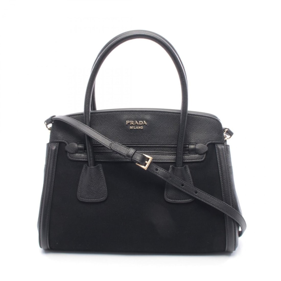 Prada Canapa + Saffiano Handbag, Canvas, Leather, Women's, Black: --- Catalog ---Category: SizeSize (HxWxD): 24cm x 34cm x 15cm / 9.44'' x 13.38'' x 5.9''Category: DesignType: HandbagColor: BlackGender: WomenMaterial: Canvas , Leather Leather/Fur Type: Saffiano leat