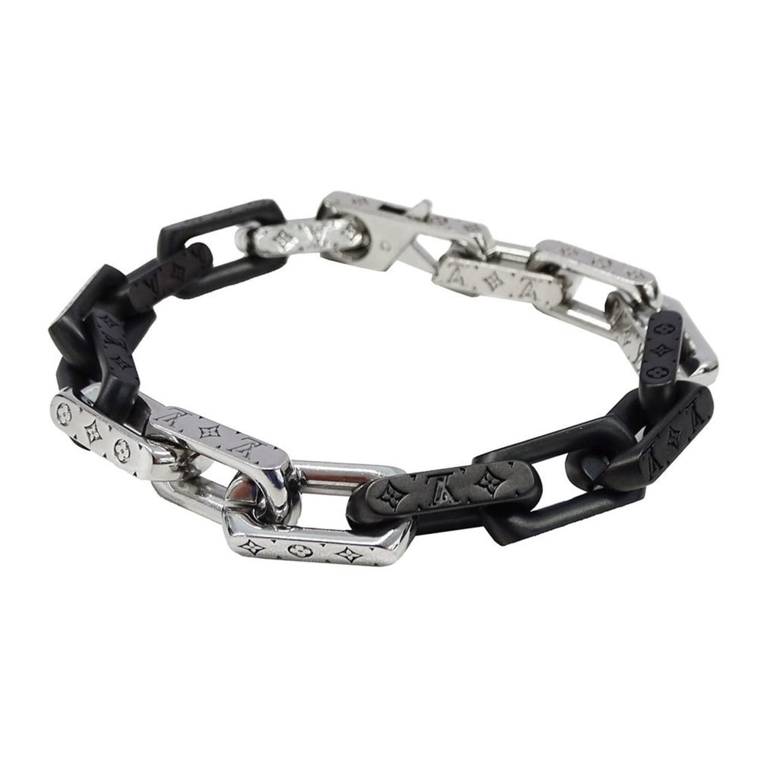 Louis Vuitton Men's Monogram Metal Bracelet with Chain in Silver and Black (M00687) (1 of 20)