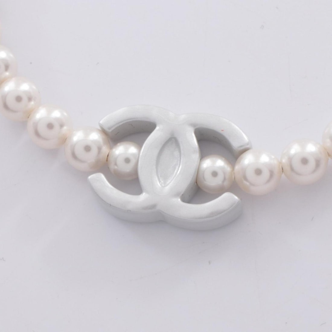 Chanel Coco Mark Necklace in Stainless Steel with Faux Pearls, Silver and White (1 of 10)