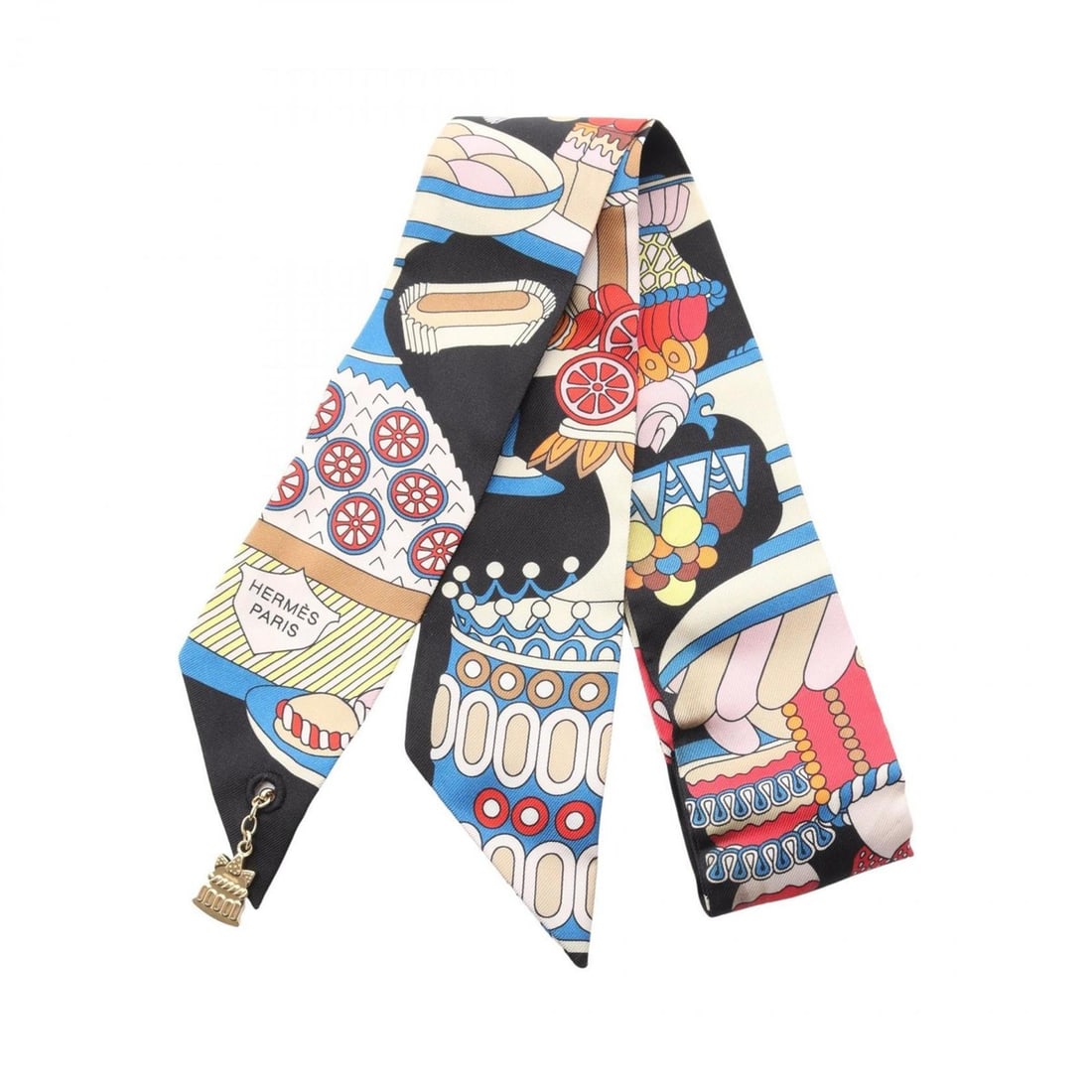 Hermes Hermès LA PATISSERIE FRANCAISE Twilly Scarf, Silk, Women's, Black, Multicolor (1 of 9)