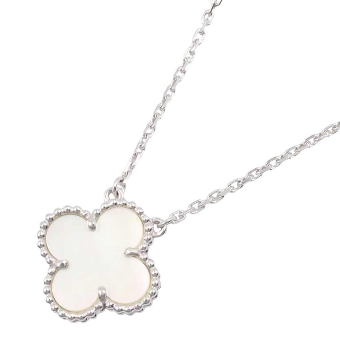 Van Cleef & Arpels Vintage Alhambra Necklace in 18K White Gold with Mother-of-Pearl, Silver and: --- Catalog ---Category: SizePendant Size: 15mm x 15mm / 0.59'' x 0.59''Neck Circumference: 37 cm - 41.5 cm / 14.56'' - 16.33''Category: DesignColor: Silver, WhiteGender: WomenMaterial: White gold (18