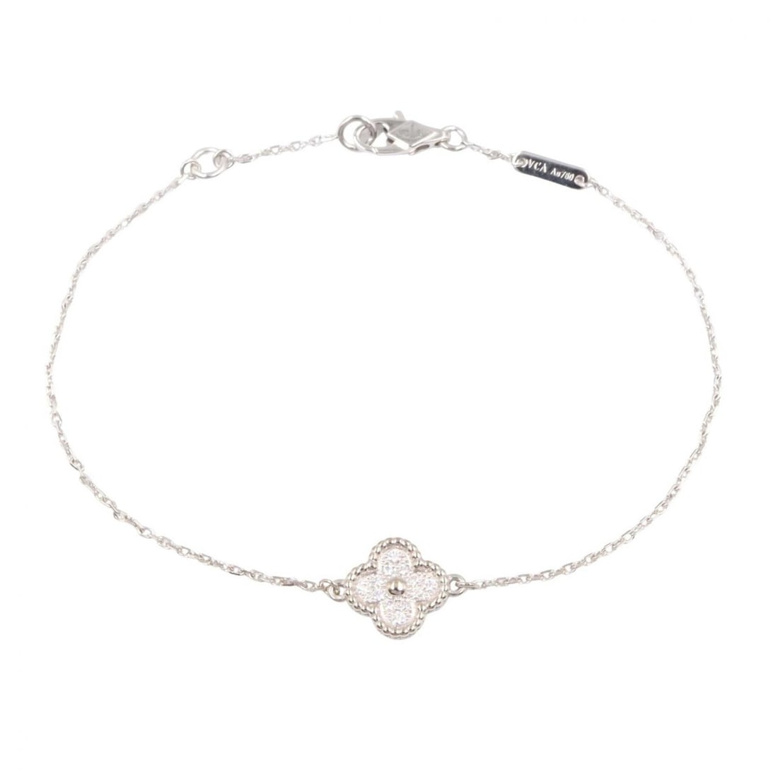 Van Cleef & Arpels Sweet Alhambra Diamond Bracelet in 18K White Gold (Silver or Clear).: --- Catalog ---Category: DesignType: Charm braceletColor: Clear, SilverGender: WomenMaterial: White gold (18K)Category: GeneralBrand: Van Cleef & Arpels--- Item List ---Section: ConditionRanking: Rank