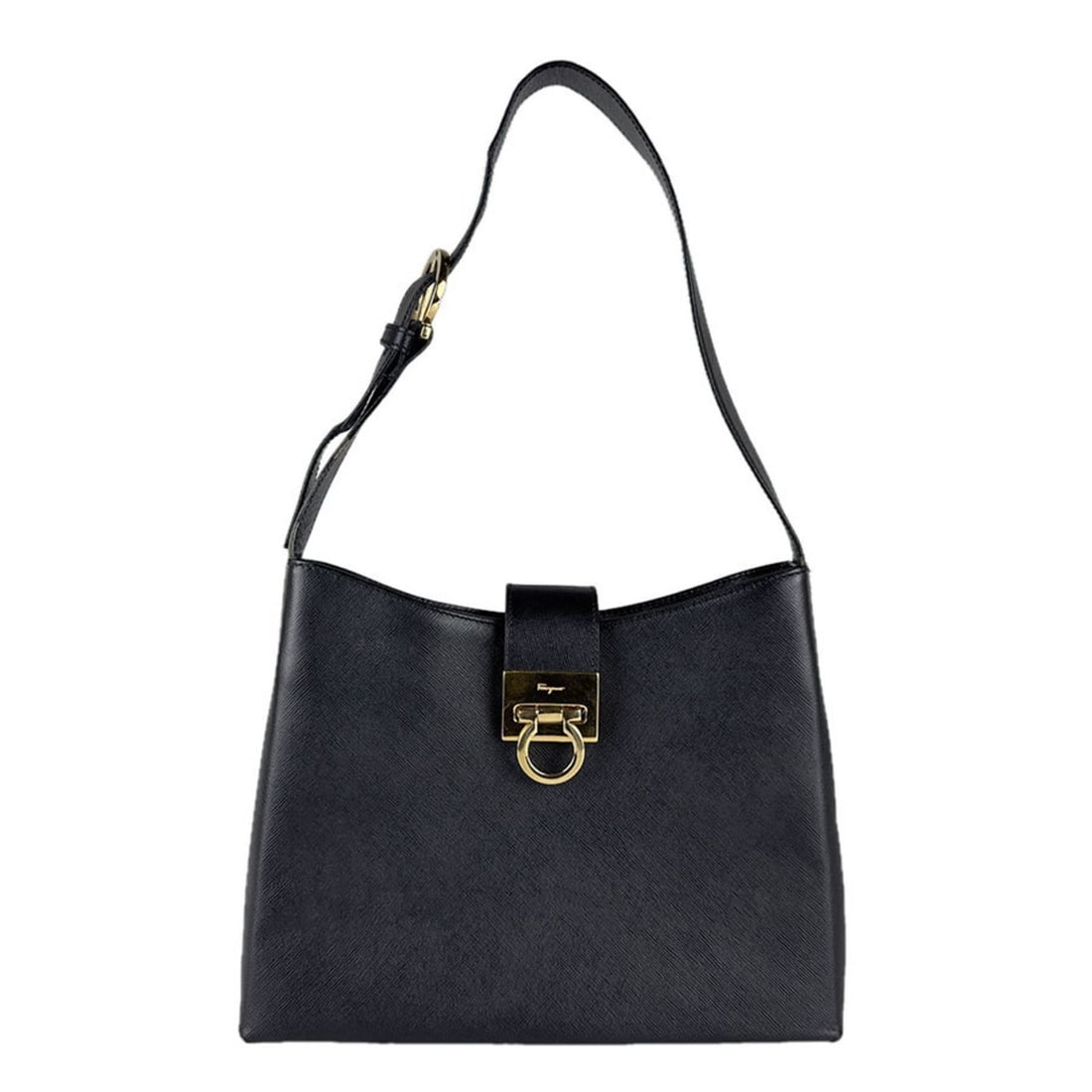 Salvatore Ferragamo Gancini Leather Shoulder Bag in Black and Gold for Women, Free Shipping, Z8743: --- Catalog ---Category: SizeSize (HxWxD): 18cm x 26cm x 6cm / 7.08'' x 10.23'' x 2.36''Strap Length: 50cm / 19.68''Category: DesignType: Shoulder bagColor: BlackGender: WomenClosure: FlapMaterial: Le