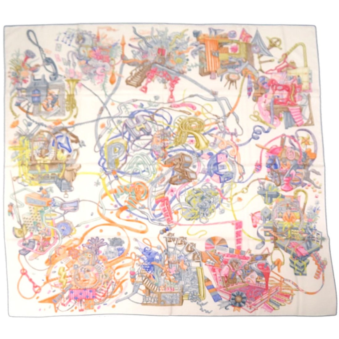 Like new Hermès Carré 140, Jean, The World of Hermès, H244230S, 11, Cashmere and Silk, White (1 of 11)