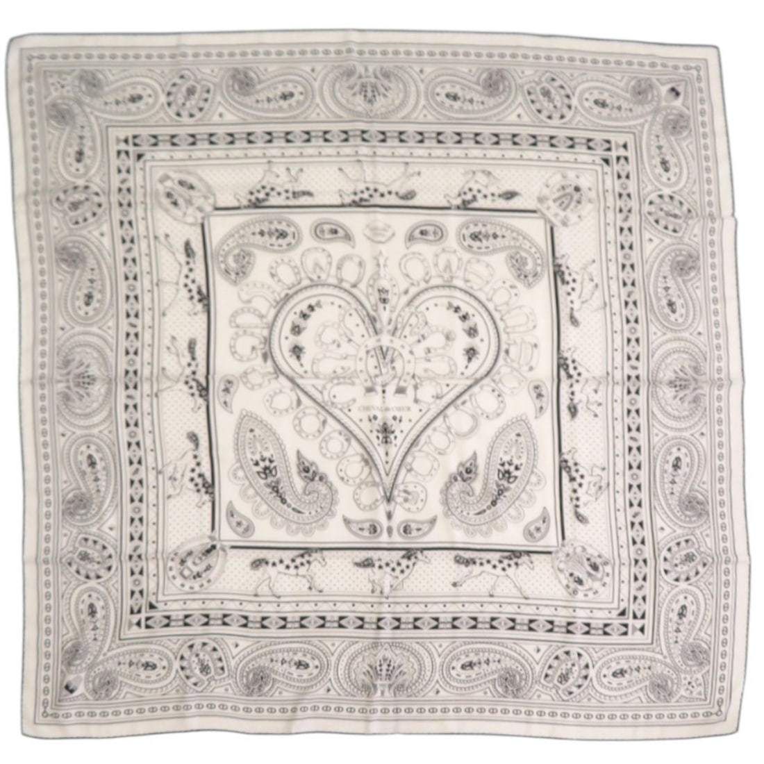 Unused Hermès Carré 140 Cheval de Coeur Cashmere Bandana by Daisuke Nomura, Cashmere, Silk, White (1 of 20)