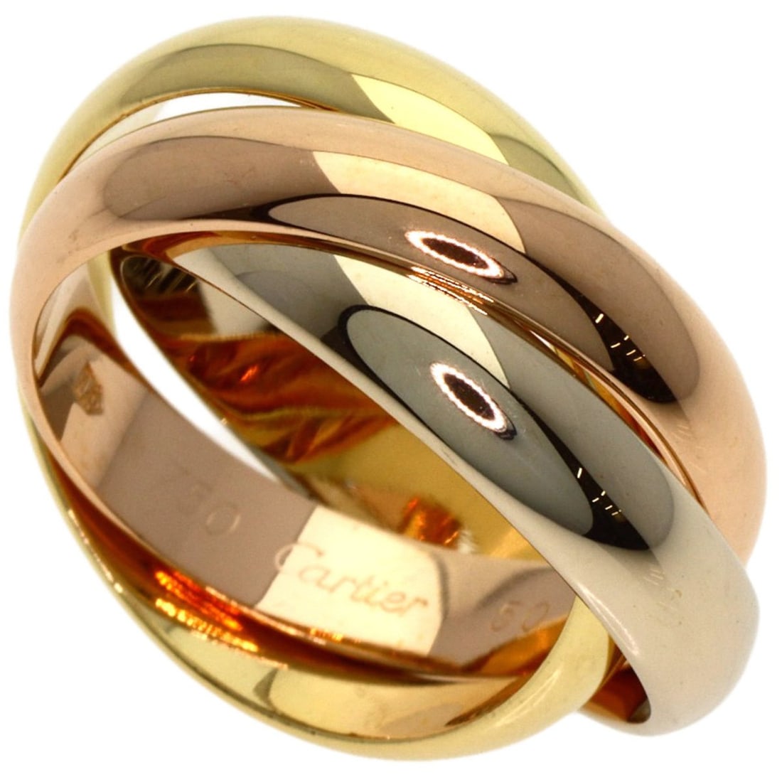Cartier Trinity #50 Ring, 18K Yellow Gold/18KWG/18KPG, Women's: --- Catalog ---Category: SizeWidth: 3.9mm / 0.15''Weight: 10.6g / 0.37oz.JP Size: 10US Size: 5.5Category: DesignType: Band ringColor: Pink, White, YellowMetal: GoldGender: WomenMetal Purity: 18KCatego