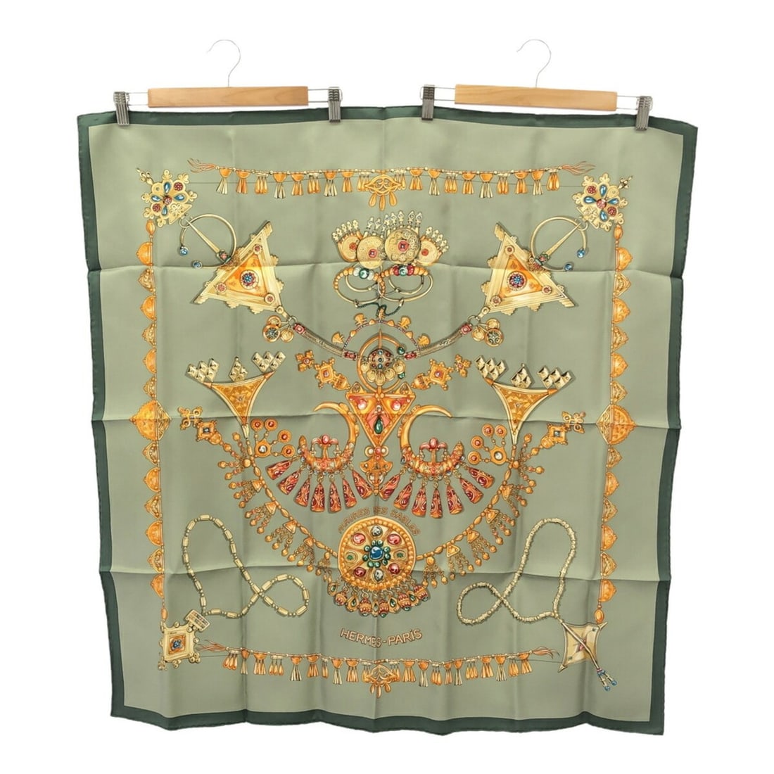 HERMES Carré 90 Scarf, "Desert" by PARURES DES SABLES, 100% Silk, Green, Mikunigaoka Store (1 of 17)
