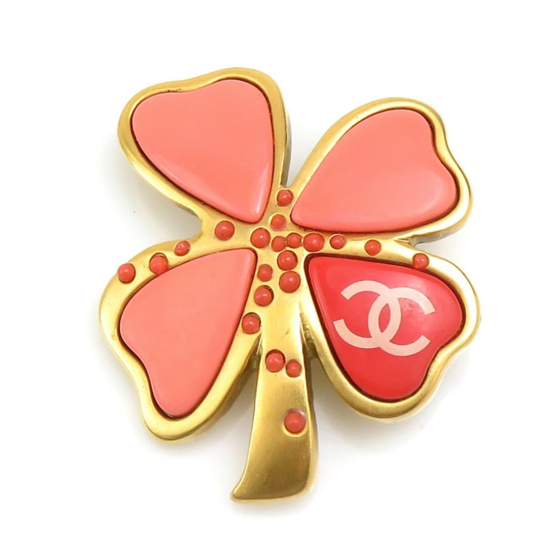CHANEL Brooch with Clover and Coco Mark, Metal, Resin, Gold, Salmon Pink, Women's, Free Shipping, (1 of 18)