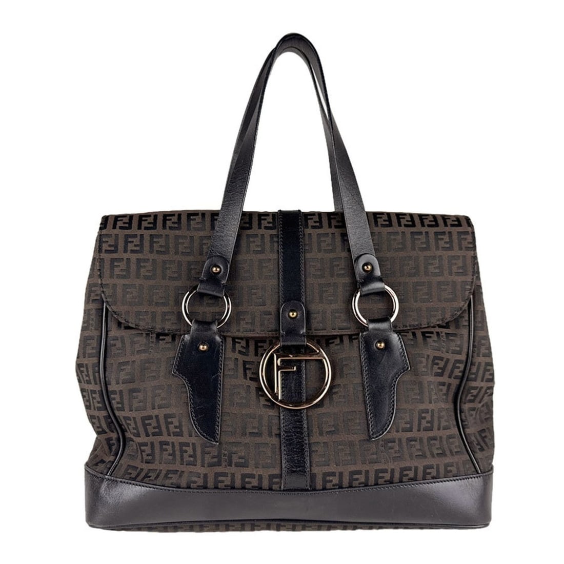 Fendi Zucchino Shoulder Bag in Nylon Canvas and Leather, Brown Black, Women's, Free Shipping, z8785 (1 of 14)