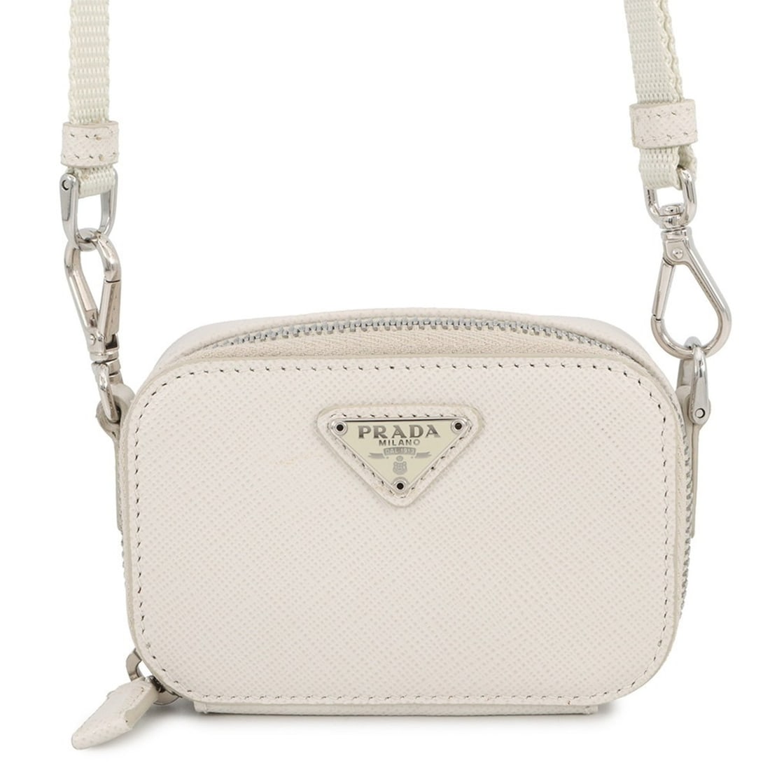 Prada Mini Triangle Saffiano Bag Pouch 2TT105 White Pochette PRADA: --- Catalog ---Category: SizeSize (HxWxD): 7cm x 10cm x 4cm / 2.75'' x 3.93'' x 1.57''Category: DesignType: Pochette, PouchColor: Ivory, WhiteGender: Women,MenMaterial: Leather Leather/Fur Type: Saffi