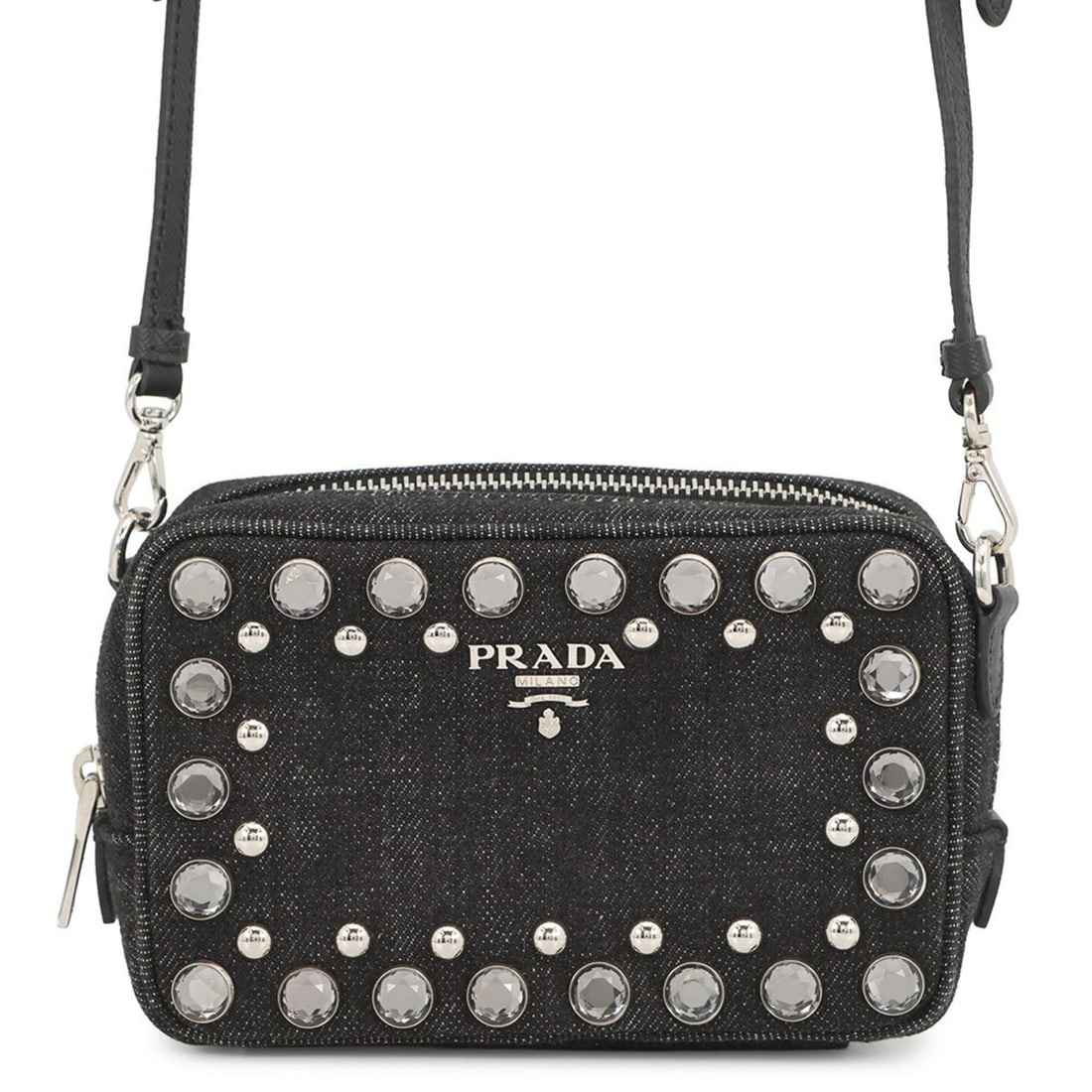 Prada shoulder bag, camera beaded studs, denim, 1N1674, pochette, black, handbag,: --- Catalog ---Category: SizeSize (HxWxD): 9.5cm x 14.5cm x 5cm / 3.74'' x 5.7'' x 1.96''Category: DesignType: Pochette, Shoulder bagColor: BlackGender: WomenMaterial: Denim Category: GeneralBrand: Pr
