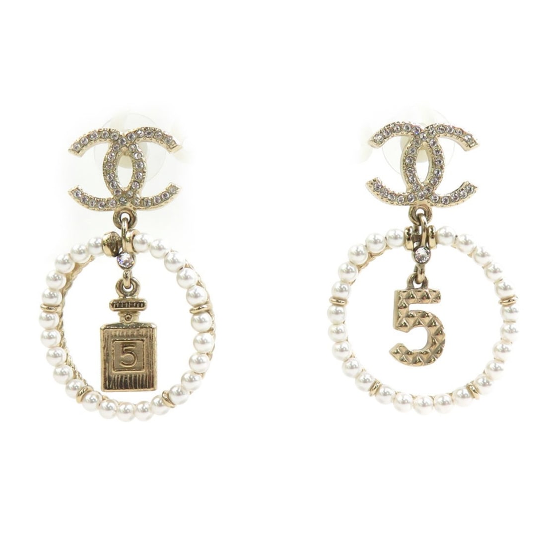 CHANEL Metal Earrings with Faux Pearls in Gold and White, Women's, Free Shipping, h31957g (1 of 18)