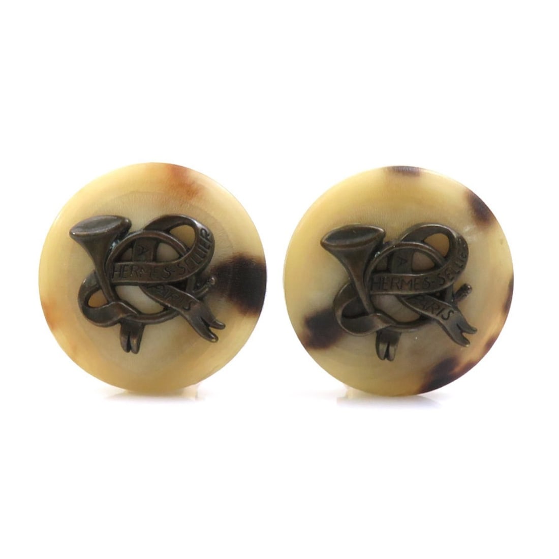 Hermes Hermès buffalo horn metal earrings in beige brown and gold. Free shipping. e60668a. (1 of 11)