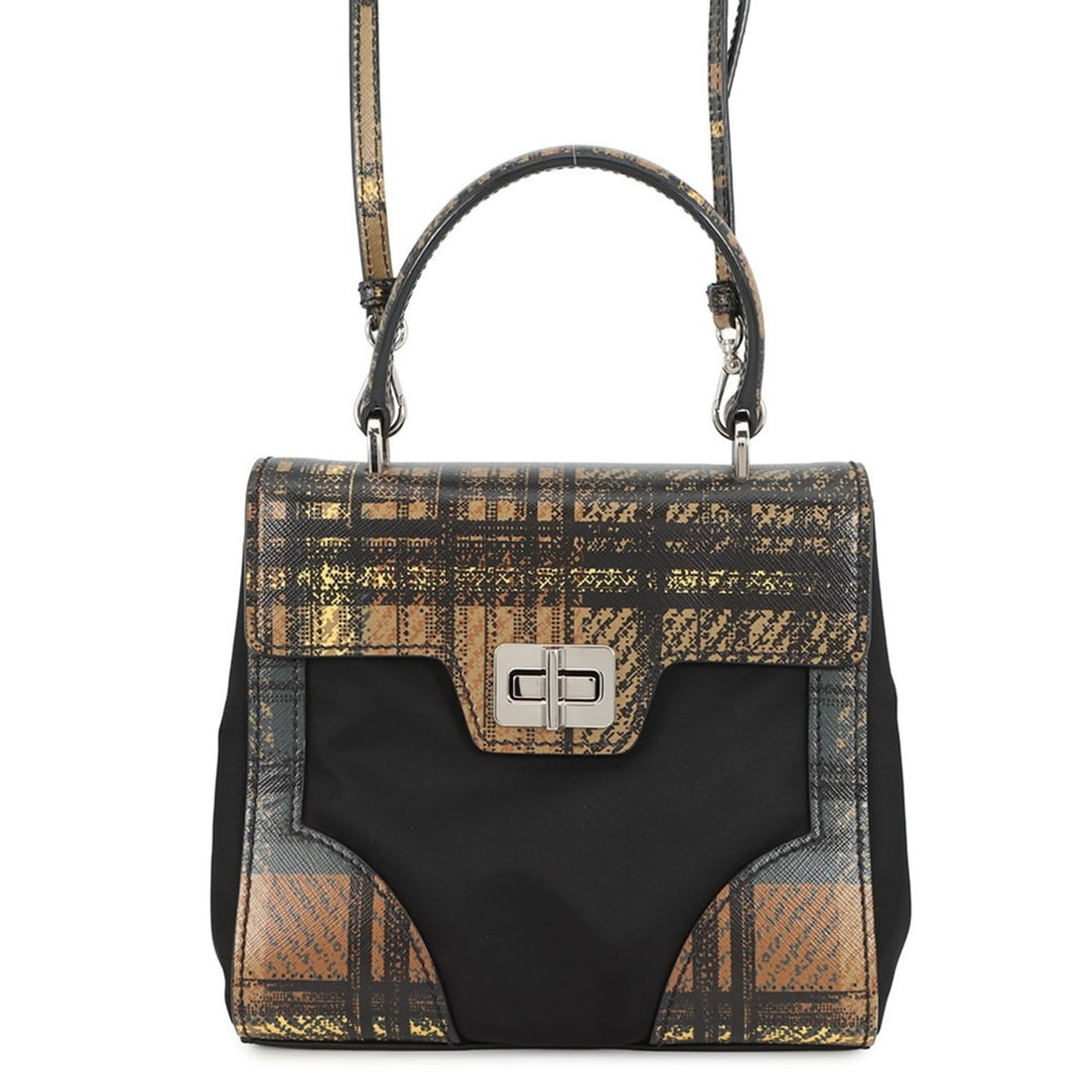 Prada handbag, checkered nylon and leather, 1BA014, PRADA 2-way shoulder bag, black,: --- Catalog ---Category: SizeSize (HxWxD): 19cm x 20cm x 8.5cm / 7.48'' x 7.87'' x 3.34''Category: DesignType: Handbag, Shoulder bagColor: Black, BrownGender: WomenMaterial: Nylon , Leather Category: