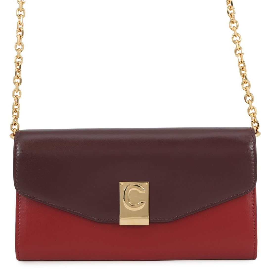 Celine Wallet Chain C Two-tone Leather CELINE Long WALLE: --- Catalog ---Category: SizeSize (HxWxD): 10.5cm x 19cm x 2cm / 4.13'' x 7.48'' x 0.78''Category: DesignType: Chain/Shoulder walletColor: Bordeaux, Red colorGender: WomenMaterial: Leather Category: G
