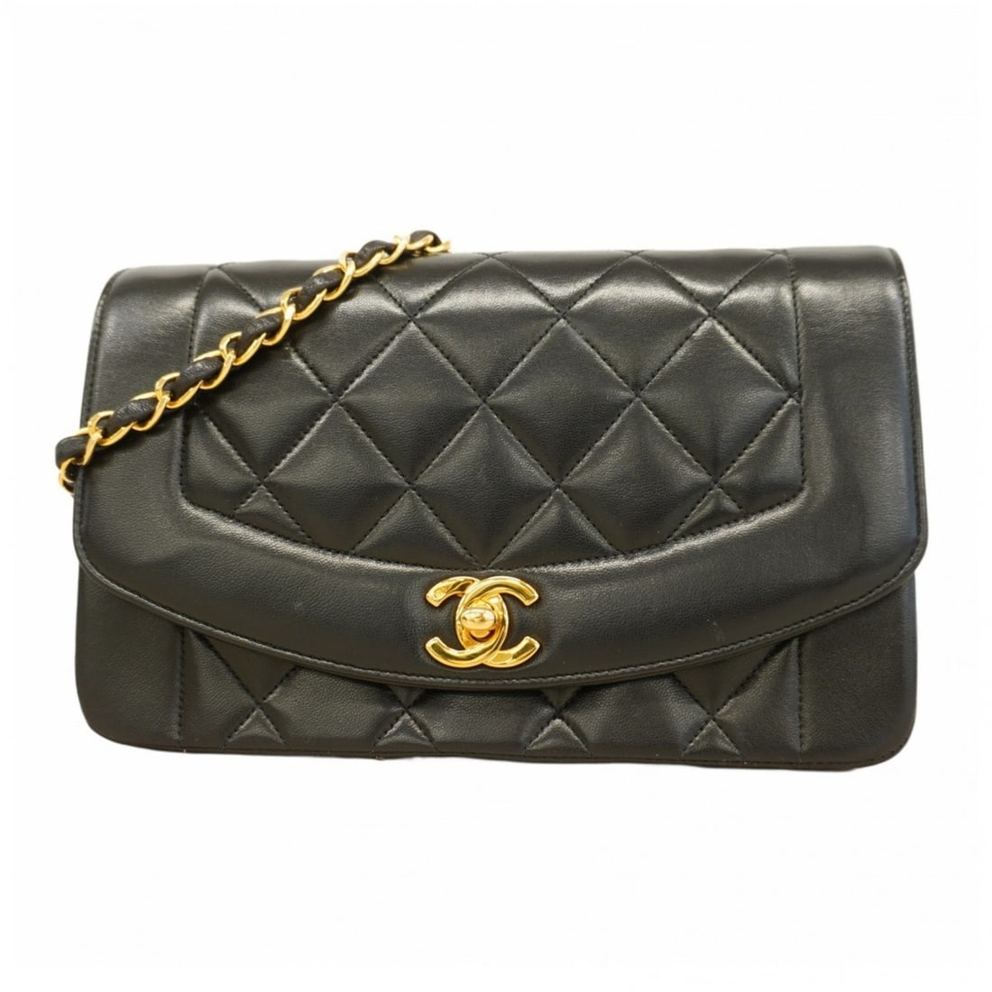Chanel Diana Shoulder Bag, Chain Lambskin, Black, Women's: --- Catalog ---Category: SizeSize (HxWxD): 15cm x 22cm x 7cm / 5.9'' x 8.66'' x 2.75''Category: DesignType: Shoulder bagColor: BlackGender: WomenMaterial: Leather Hardware Color: GoldLeather/Fur Type: