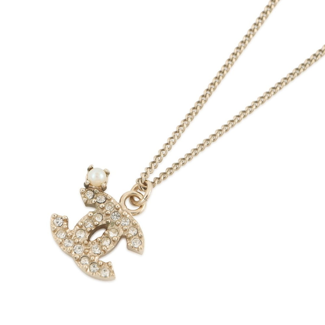 Chanel necklace with Coco Mark and faux pearl rhinestones, 10A. CHANEL for women.: --- Catalog ---Category: SizeNeck Circumference: 42.5 cm / 16.73''Category: DesignColor: Champagne gold, GoldStone: Artificial pearl, RhinestoneGender: WomenMaterial: MetalNecklace Type: NecklaceCateg
