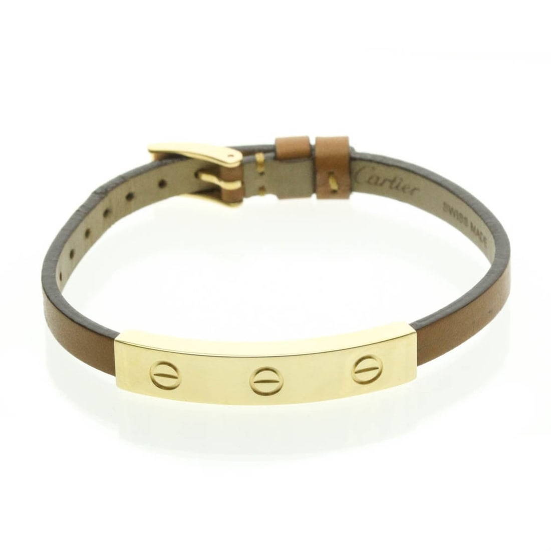 Cartier Love Leather Bracelet Yellow Gold (18K) No Stone Charm Bracelet Gold: --- Catalog ---Category: SizeLength: 14cm - 17cm / 5.51'' - 6.69''Weight: 10g / 0.35oz.Stone Size (HxW): 7.8cm x 39.5cm / 3.07'' x 15.55''Category: DesignType: Charm braceletColor: GoldMetal: GoldSton