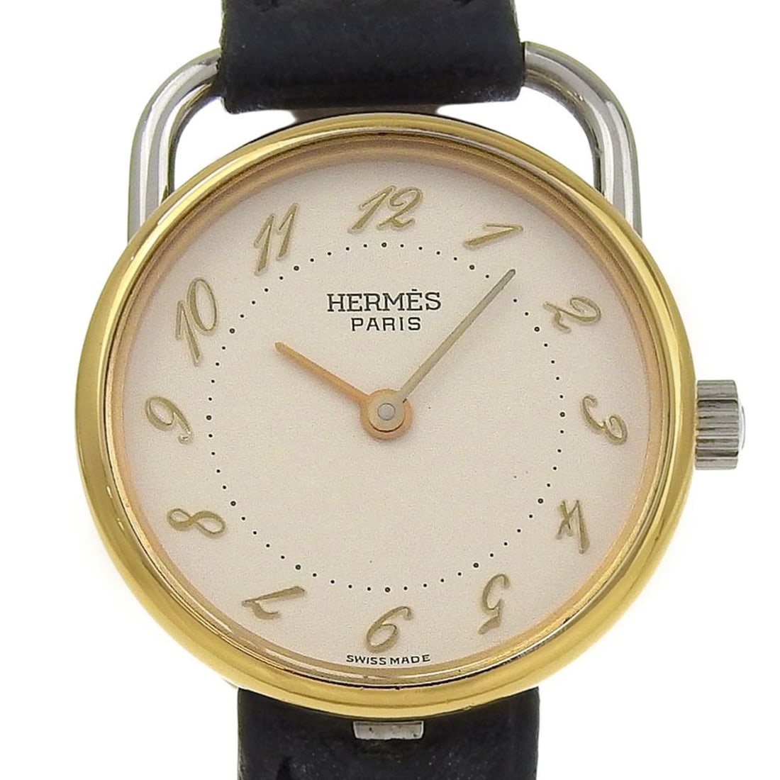 Hermès Arceau Women's Watch, Stainless Steel and Leather, Quartz Movement, Analog Display, White: --- Catalog ---Category: SizeWrist Size: 14cm - 16.5cm / 5.51'' - 6.49''Case Diameter: 25mm / 0.98''Category: DesignType: WristwatchGender: WomenColor (Dial): WhiteMaterial (Band): Leather, Stainless