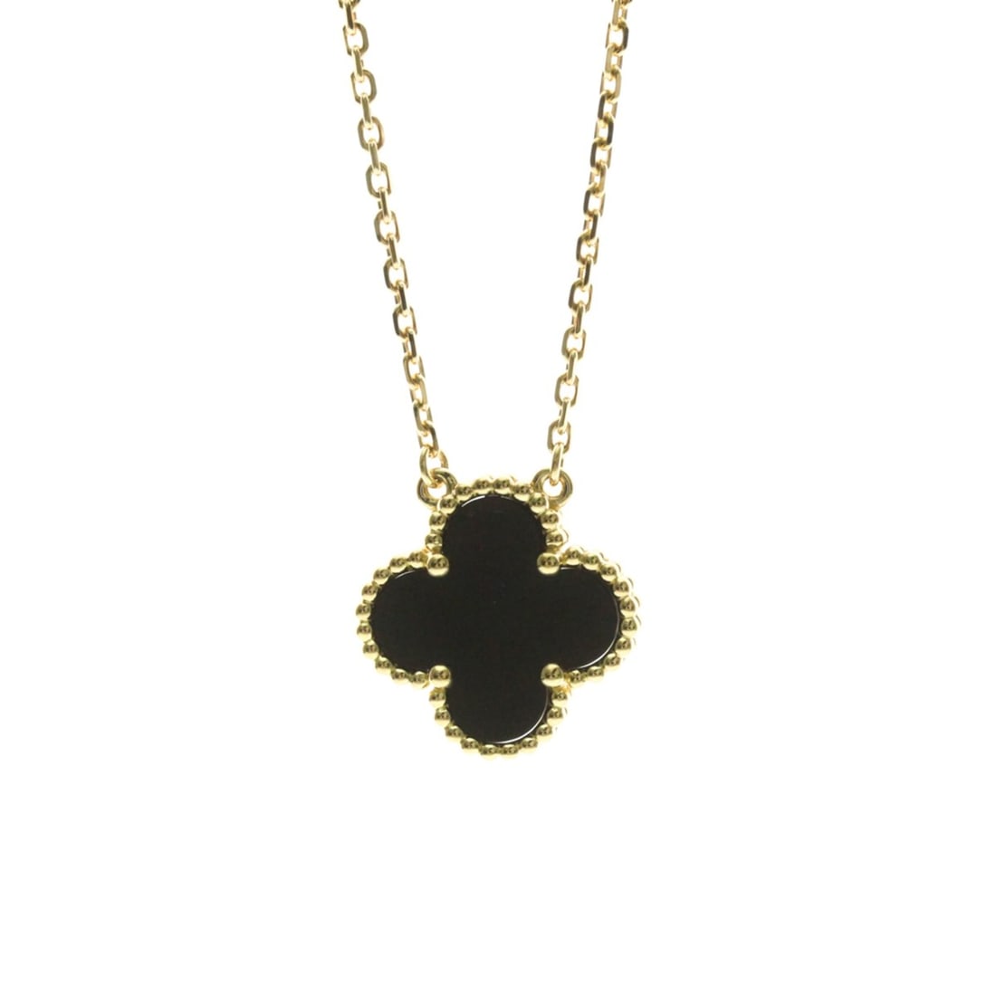 Van Cleef & Arpels Vintage Alhambra Yellow Gold (18K) Onyx Men,Women Fashion Pendant Necklace (Gold): --- Catalog ---Category: SizeWeight: 5.3g / 0.18oz.Pendant Size: 15mm x 15mm / 0.59'' x 0.59''Neck Circumference: 37 cm - 41.5 cm / 14.56'' - 16.33''Category: DesignColor: GoldMetal: GoldStone: OnyxSt