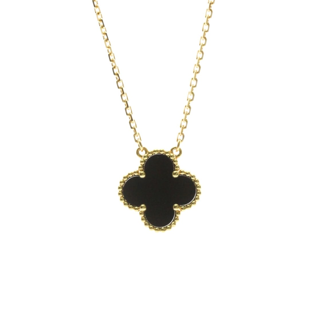 Van Cleef & Arpels Vintage Alhambra Yellow Gold (18K) Onyx Men,Women Fashion Pendant Necklace (Gold): --- Catalog ---Category: SizeWeight: 5g / 0.17oz.Pendant Size: 15mm x 15mm / 0.59'' x 0.59''Neck Circumference: 37.5 cm - 42 cm / 14.76'' - 16.53''Category: DesignColor: GoldMetal: GoldStone: OnyxStyl