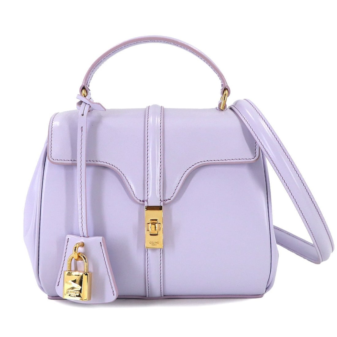 Celine Mini 16 Seize 2-way handbag in light lavender leather (197983): --- Catalog ---Category: SizeSize (HxWxD): 15.5cm x 19cm x 9cm / 6.1'' x 7.48'' x 3.54''Category: DesignType: HandbagColor: Light purpleGender: WomenMaterial: Leather Category: GeneralMPN: 197983Brand