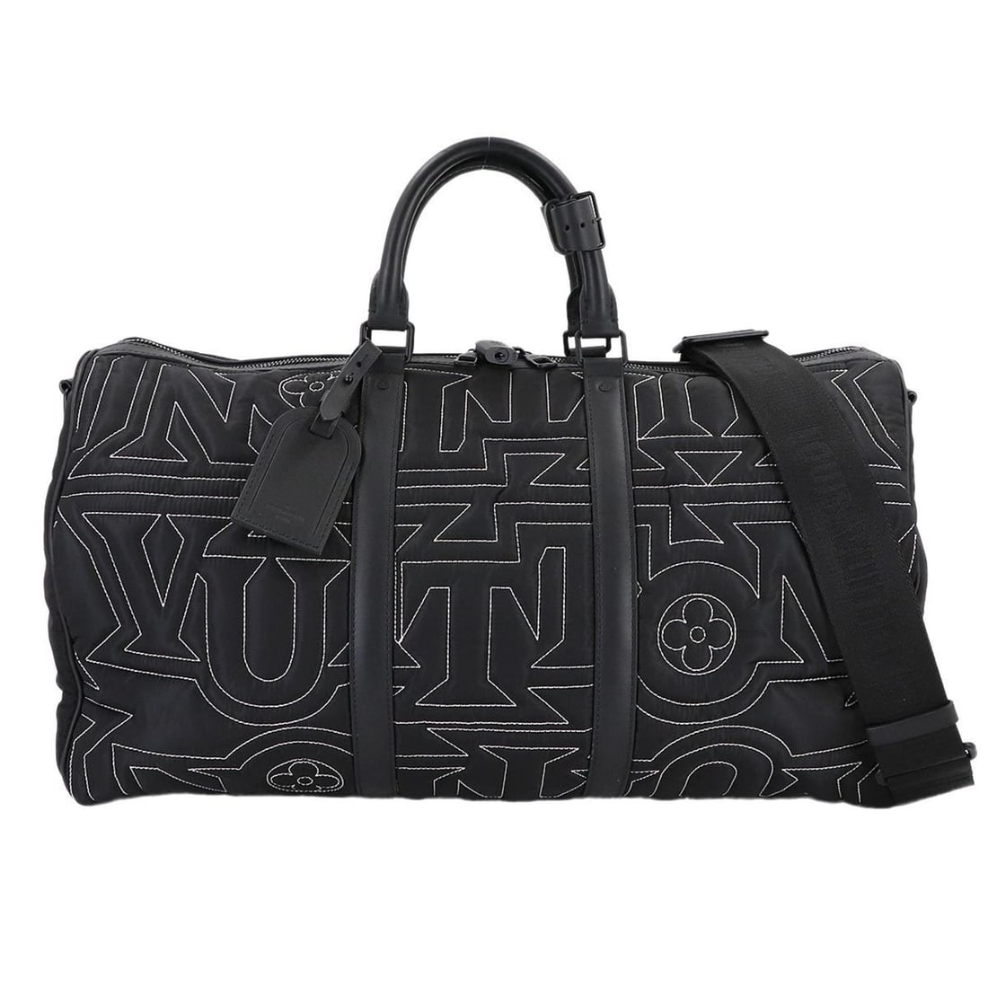 Louis Vuitton LV Snow Keepall Bandouliere 50 2-way Boston Shoulder Handbag in Nylon and Leather,: --- Catalog ---Category: SizeSize (HxWxD): 27cm x 52cm x 22cm / 10.62'' x 20.47'' x 8.66''Category: DesignType: Boston bag, HandbagColor: BlackGender: Men,WomenMaterial: Nylon , Leather Category: Gene