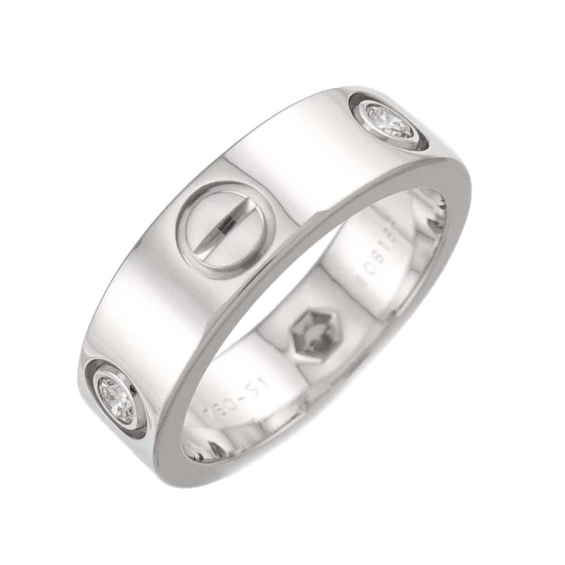 Cartier Love #51 Ring with 3 Half Diamonds in 18K White Gold (750): --- Catalog ---Category: SizeUS Size: 6Brand Size: 51Category: DesignType: Band ringGender: WomenMaterial: White gold (18K)Category: GeneralBrand: Cartier--- Item List ---Section: ConditionRanking: Ra