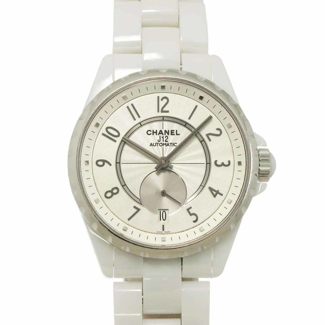 Chanel J12 365 H3837 Men's Watch with Date Display, Silver and White Ceramic, Automatic Movement: --- Catalog ---Category: SizeWrist Size: 18.5cm / 7.28''Case Diameter: 37mm / 1.46''Category: DesignType: WristwatchGender: MenColor (Dial): WhiteMaterial (Band): Ceramic, Stainless steelMaterial (Cas