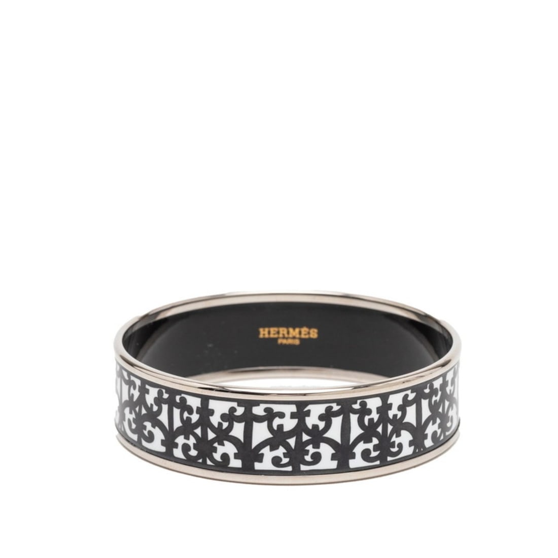 Hermes GM Gladiator Bangle in Silver, Black, and White Metal for Women: --- Catalog ---Category: SizeLength: 19cm / 7.48''Category: DesignType: BangleColor: Black, Silver, WhiteGender: WomenMaterial: MetalCategory: GeneralBrand: Hermes--- Item List ---Section: ConditionRa