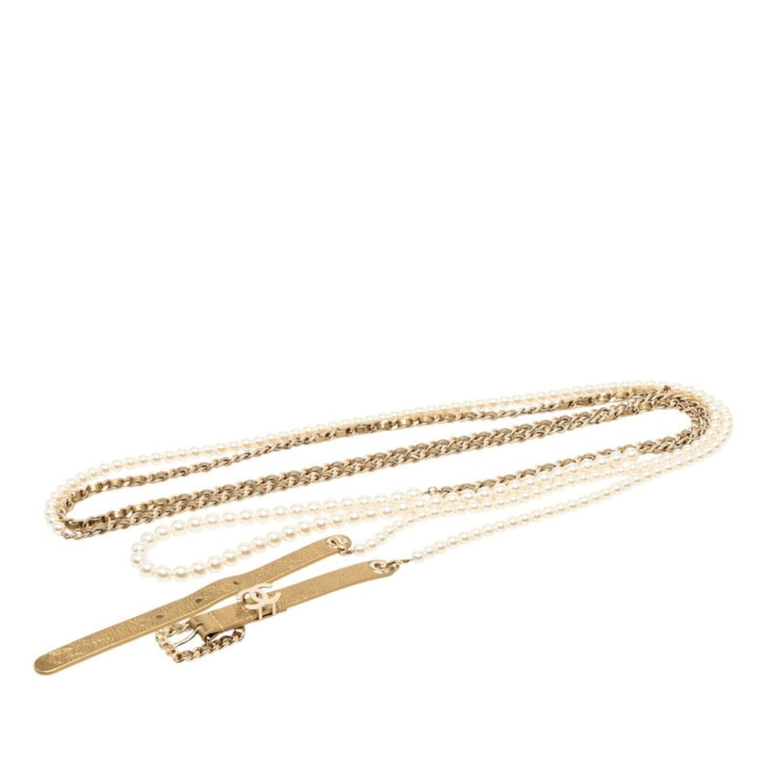 Chanel Coco Mark Chain Belt, Size S, Gold, White, Plated, Faux Pearl, Leather, Women's, CHANEL: --- Catalog ---Category: SizeLength: 3405cm - 3455cm / 1340.54'' - 1360.23''Category: DesignType: Chain beltColor: Gold, WhiteGender: WomenMaterial (Strap): Leather Category: GeneralBrand: Chanel--- I
