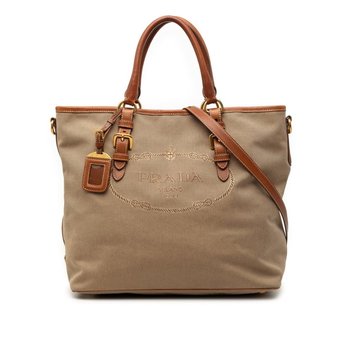 Prada logo jacquard tote bag/shoulder bag, 2-way, beige/brown canvas and leather, women's. (1 of 11)