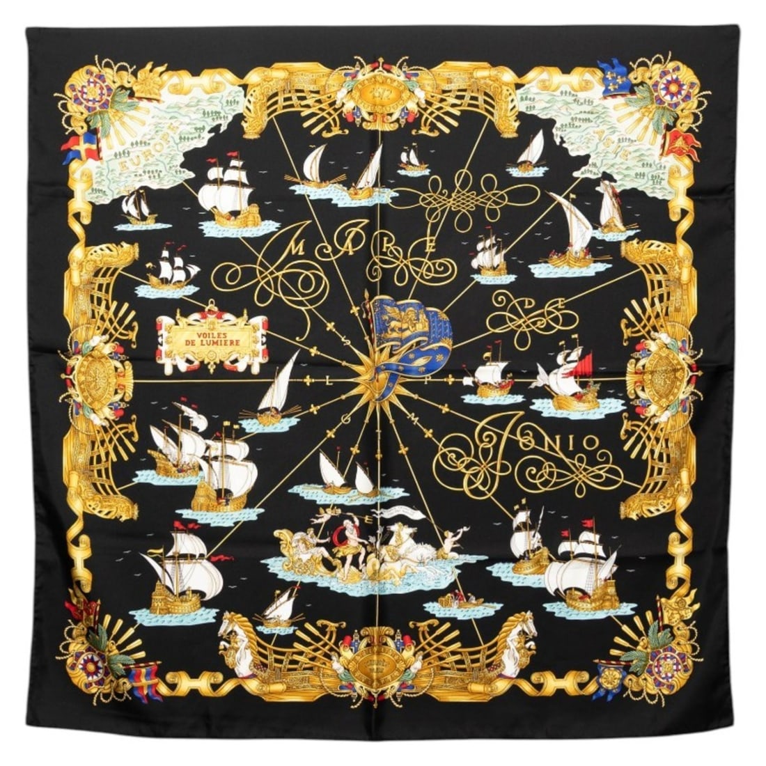 Hermès Carré 90 "Voires de Lumiere" Sailboat of Light Large Scarf Muffler Black Multicolor Silk (1 of 9)