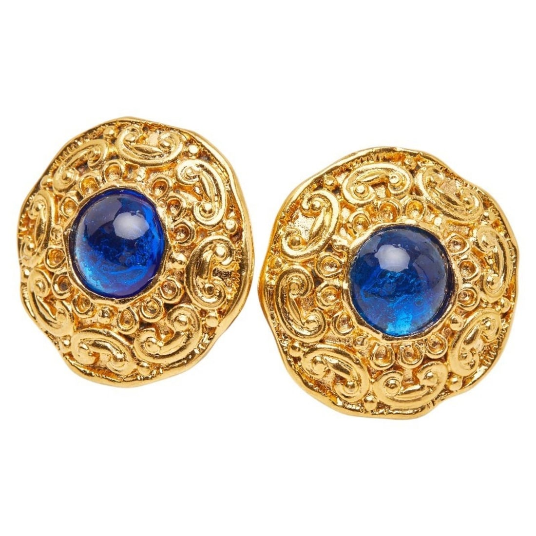 CHANEL Gripois Earrings, Gold, Blue Plated Glass, Women's, (1 of 11)