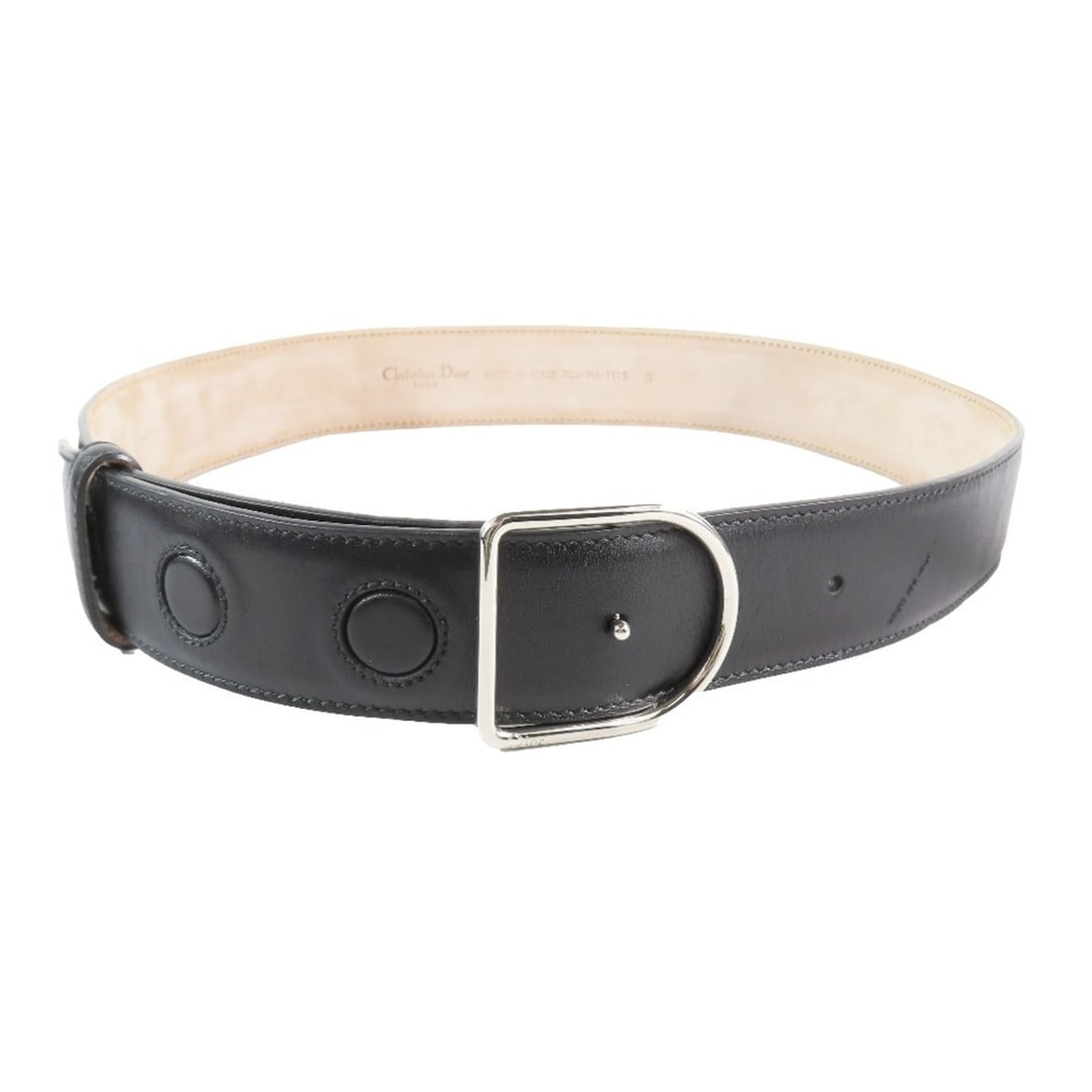 Christian Dior D logo buckle leather belt, black, silver hardware, size S, women's: --- Catalog ---Category: SizeLength: 68cm - 73cm / 26.77'' - 28.74''Category: DesignType: Standard beltColor: Beige, Black, SilverGender: WomenCategory: GeneralMPN: X23-MA-1115Brand: Christian DiorCou