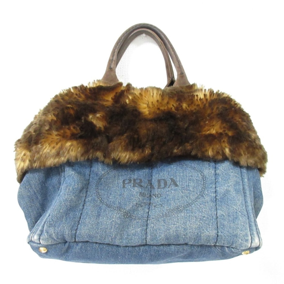 PRADA Prada Eco-Fur Canapa Denim Tote Bag BN2182 Brown Indigo Women's: --- Catalog ---Category: SizeSize (HxWxD): 28cm x 39cm x 22cm / 11.02'' x 15.35'' x 8.66''Category: DesignType: HandbagColor: Blue, BrownGender: WomenMaterial: Fur , Denim Category: GeneralBrand: Prad