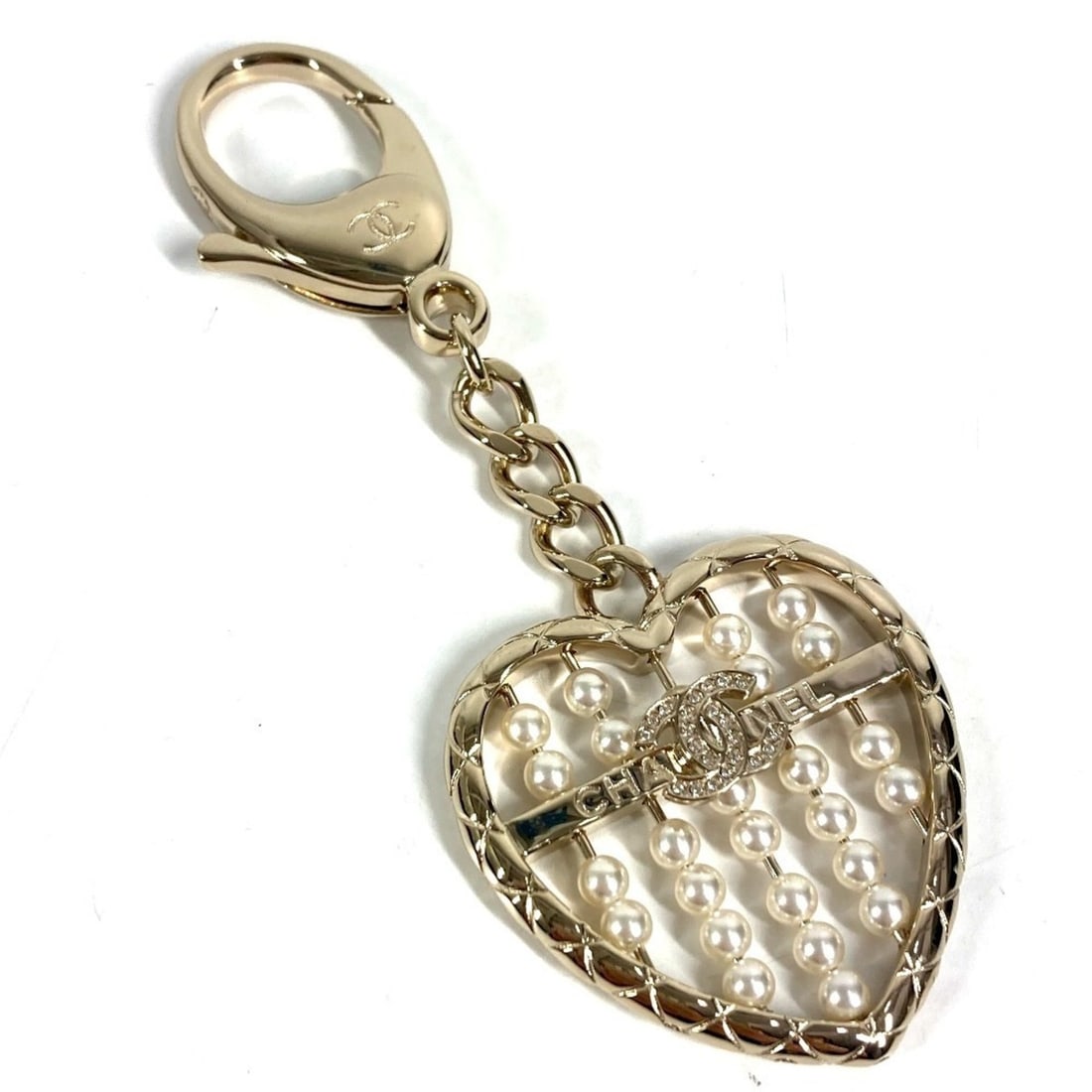 CHANEL ABG045 B25A Heart CC Coco Mark Logo Faux Pearl Rhinestone Bag Charm Chain Keychain Metal (1 of 9)