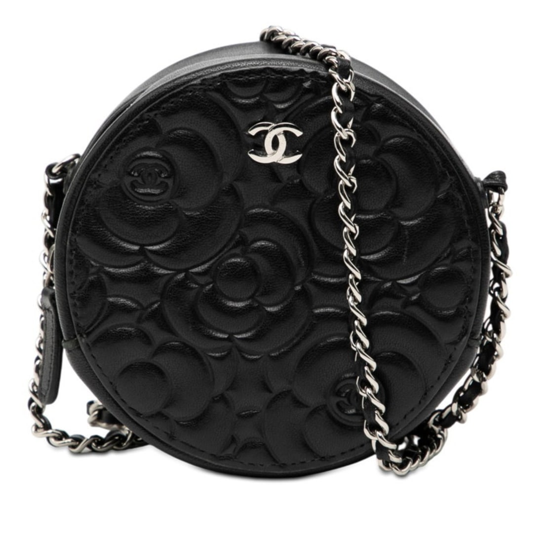 CHANEL Camellia Round Mini Chain Shoulder Bag Pochette in Black Lambskin for Women: --- Catalog ---Category: SizeSize (HxWxD): 12cm x 12cm x 5cm / 4.72'' x 4.72'' x 1.96''Category: DesignType: Pochette, Shoulder bagColor: BlackGender: WomenMaterial: Leather Leather/Fur Type: Lambskin