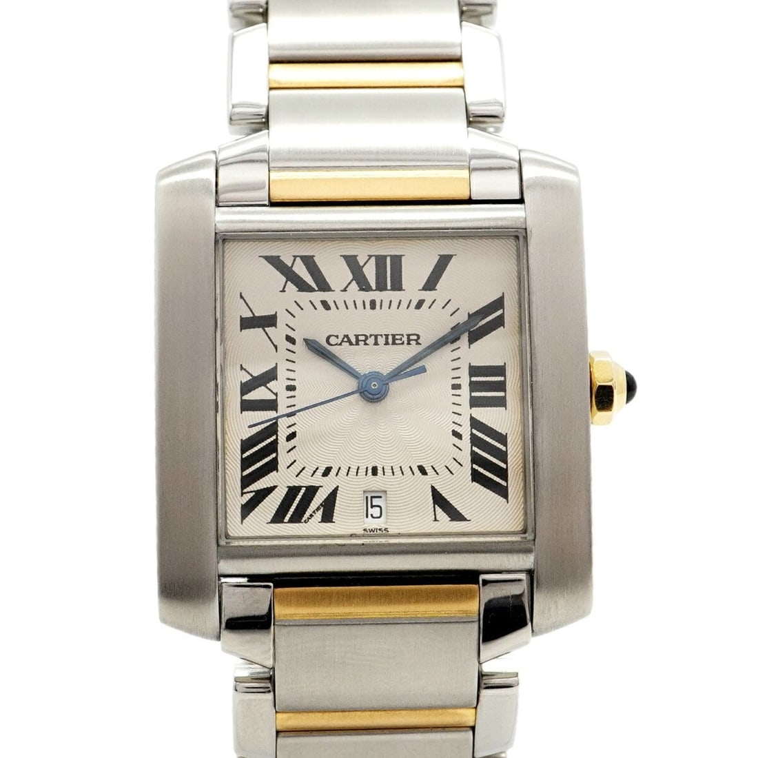 Cartier Tank Française LM Two-Tone Watch W51005Q4 Ivory Dial Men's: --- Catalog ---Category: SizeWrist Size: 15.5cm / 6.1''Case Diameter: 28.2mm / 1.11''Category: DesignType: WristwatchGender: MenColor (Dial): IvoryMaterial (Band): Stainless steel, Yellow goldCategory