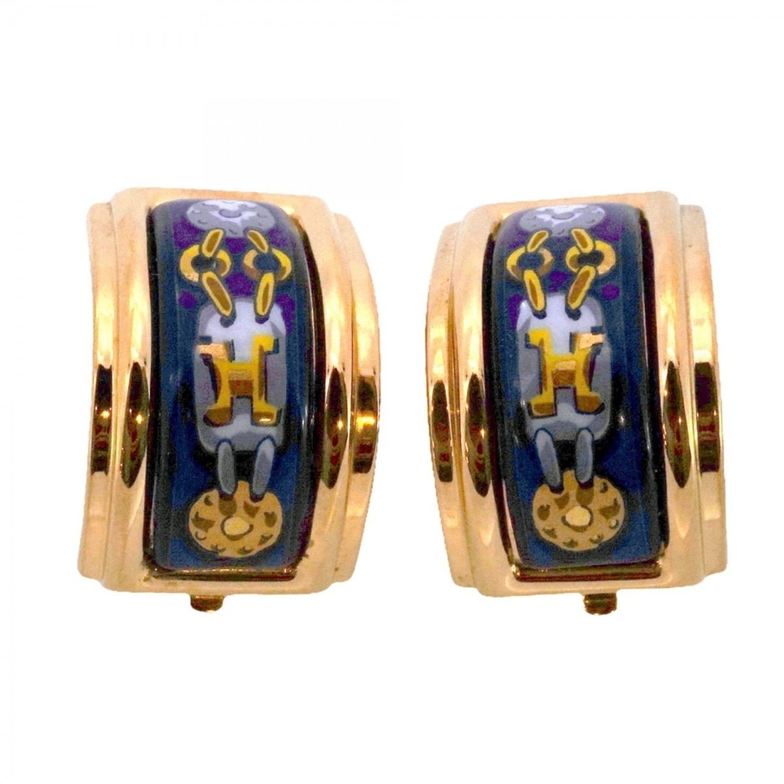 Hermes enamel earrings in GP-plated gold, blue and multicolor for women: --- Catalog ---Category: SizeSize (HxWxD): 20.30mm x 14.20mm / 0.80'' x 0.56''Category: DesignType: Clip earringsColor: Blue, Gold, Multi-colorGender: WomenMaterial: Gold platingCategory: GeneralBrand