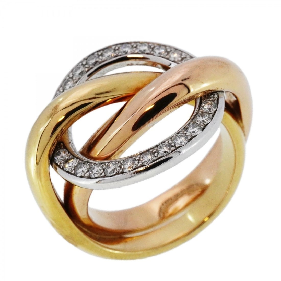 Cartier Trinity Crush Ring in 18K Yellow Gold, White Pink and Diamonds, #50, for Women: --- Catalog ---Category: SizeUS Size: 5.5Brand Size: 50Category: DesignType: Band ringStone: DiamondGender: WomenMaterial: Pink gold (18K), White gold (18K), Yellow gold (18K)Category: GeneralBrand: C