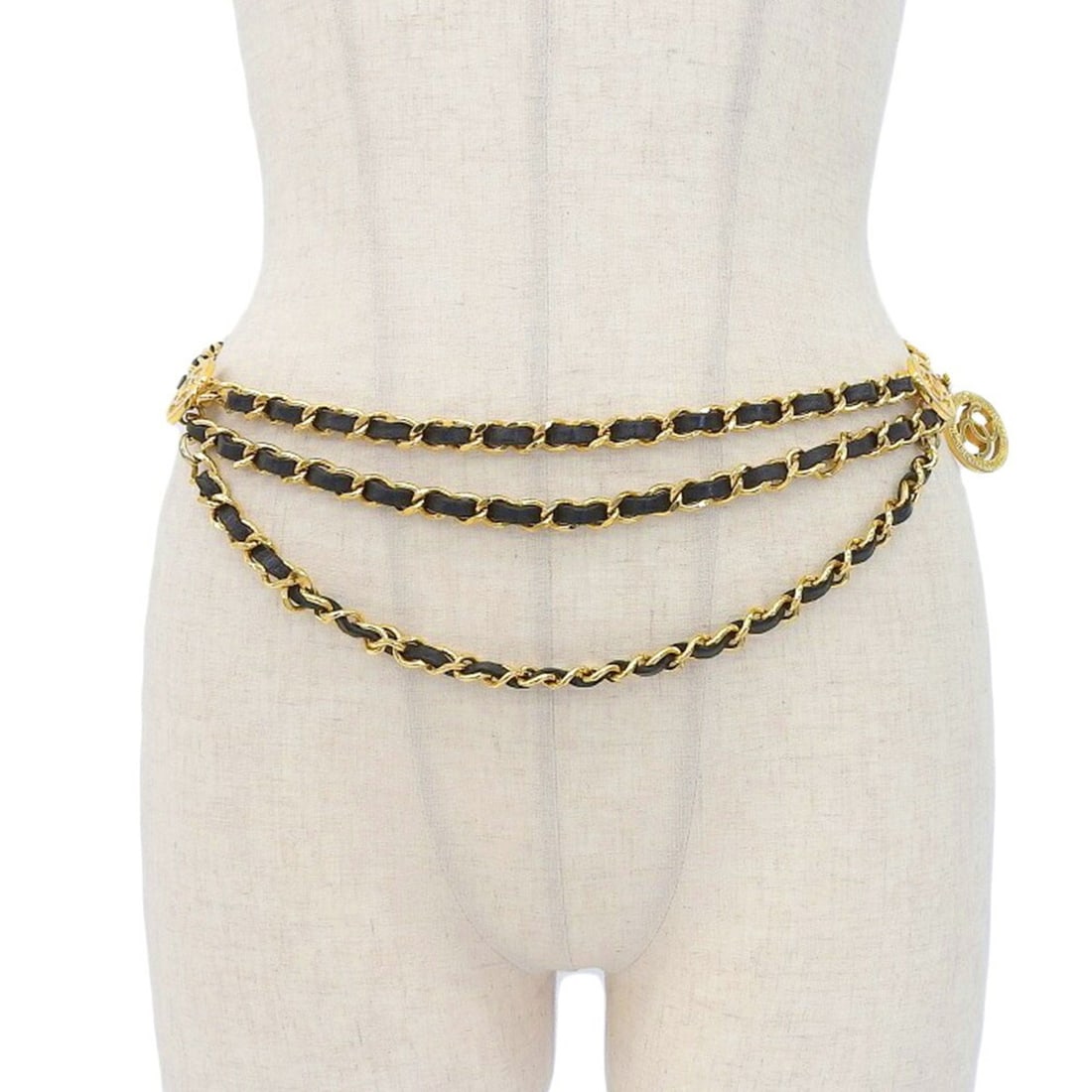 CHANEL 3-chain belt 1984 Coco Mark waist gold black: --- Catalog ---Category: SizeLength: 84.5cm / 33.26''Category: DesignType: Chain beltColor: Black, GoldGender: WomenMaterial (Strap): Leather Category: GeneralBrand: Chanel--- Item List ---Section: Co