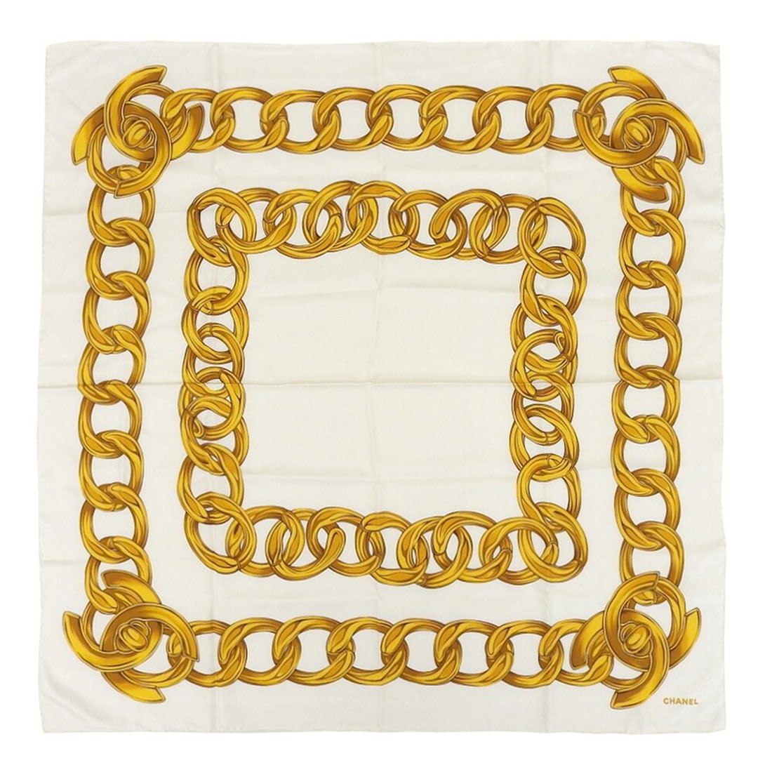 CHANEL chain pattern scarf muffler off white yellow: --- Catalog ---Category: SizeSize (LxW): 96cm x 96cm / 37.79'' x 37.79''Category: DesignType: ScarfColor: Off-white, YellowGender: WomenCategory: GeneralBrand: Chanel--- Item List ---Section: Conditio