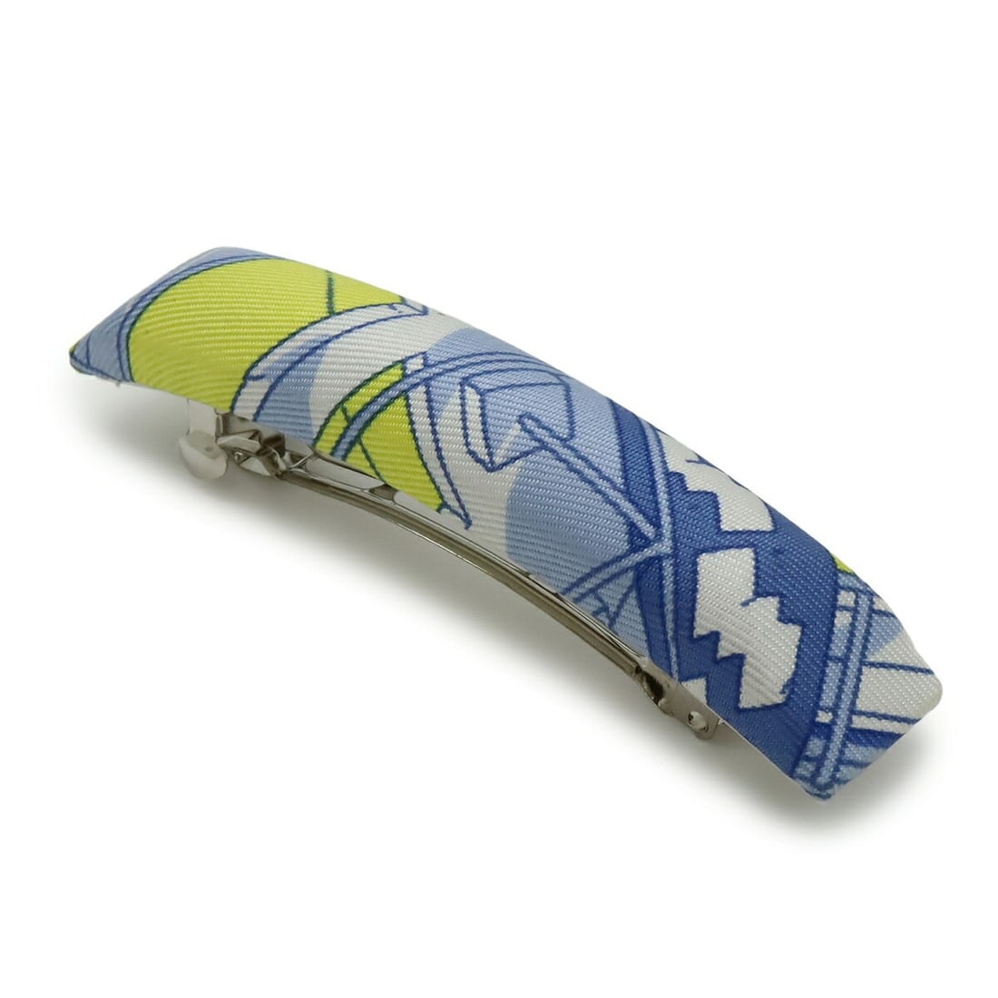 HERMES Eclipse PM Barrette Hair Clip, Legend of the Winged Horse, Silk, Blue, White, Yellow: --- Catalog ---Category: SizeSize (LxW): 1.5cm x 8.5cm / 0.59'' x 3.34''Category: DesignType: BarretteColor: Blue, White, YellowMaterial: Metal, SilkCategory: GeneralBrand: Hermes--- Item List ---Sect