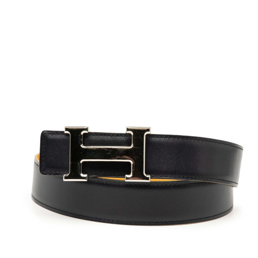 Hermes Hermès Constance H Belt, reversible, size 75, navy and yellow box calf leather, Couchvel,: --- Catalog ---Category: SizeLength: 67cm - 77cm / 26.37'' - 30.31''Category: DesignType: Standard beltColor: Navy, YellowGender: WomenLeather/Fur Type: Box calf leather, Graine couchevel leatherMater