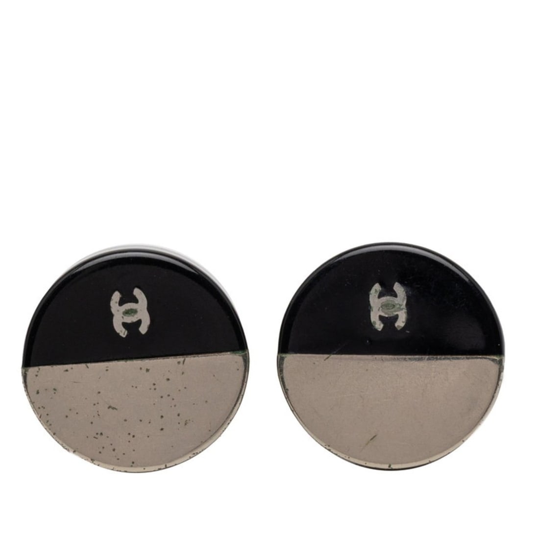 CHANEL Coco Mark Two-Tone Earrings in Black and Silver Metal with Enamel, Women's (1 of 10)