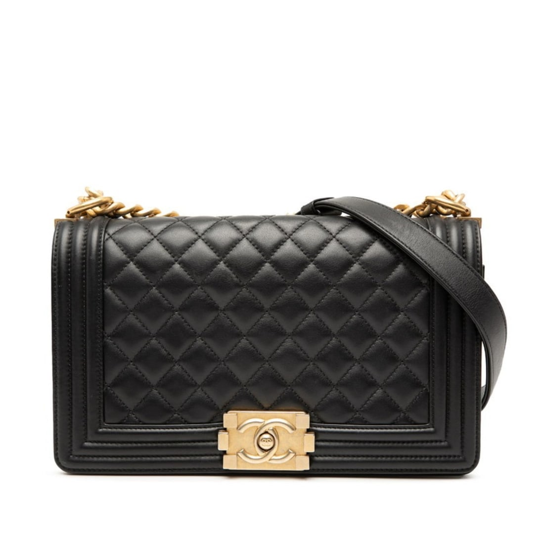 CHANEL Coco Mark Matelasse Boy Chanel 25 Chain Shoulder Bag in Black Lambskin for Women: --- Catalog ---Category: SizeSize (HxWxD): 15cm x 25cm x 7cm / 5.9'' x 9.84'' x 2.75''Category: DesignType: Shoulder bagColor: BlackGender: WomenMaterial: Leather Leather/Fur Type: LambskinCategory: G