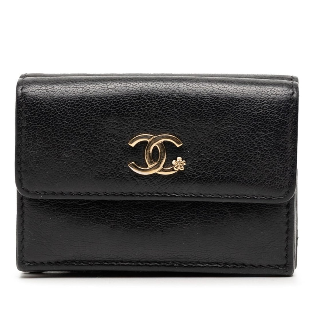 CHANEL Lucky Flower Coco Mark Tri-fold Wallet Black Leather Women's (1 of 13)