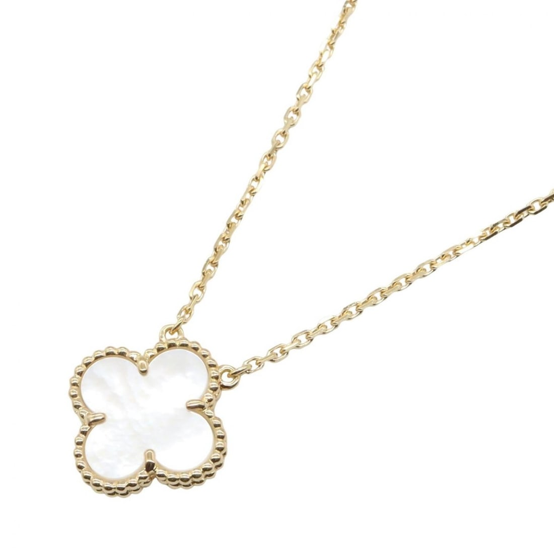 Van Cleef & Arpels Vintage Alhambra Mother-of-Pearl Necklace in 18K Yellow Gold (VCARA45900) for: --- Catalog ---Category: SizePendant Size: 15mm x 15mm / 0.59'' x 0.59''Neck Circumference: 37 cm - 41.5 cm / 14.56'' - 16.33''Category: DesignColor: Gold, WhiteGender: WomenMaterial: Yellow gold (18K