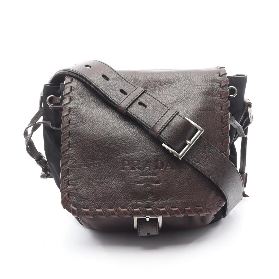 Prada shoulder bag, handbag, leather and nylon, women's, brown black: --- Catalog ---Category: SizeSize (HxWxD): 20cm x 19cm x 10cm / 7.87'' x 7.48'' x 3.93''Category: DesignType: Handbag, Shoulder bagColor: Black, BrownGender: WomenMaterial: Leather , Nylon Category: G